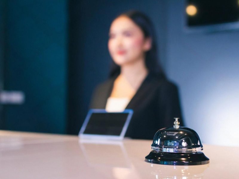 Hotel front desk with a service bell and a receptionist behind a self-service screen