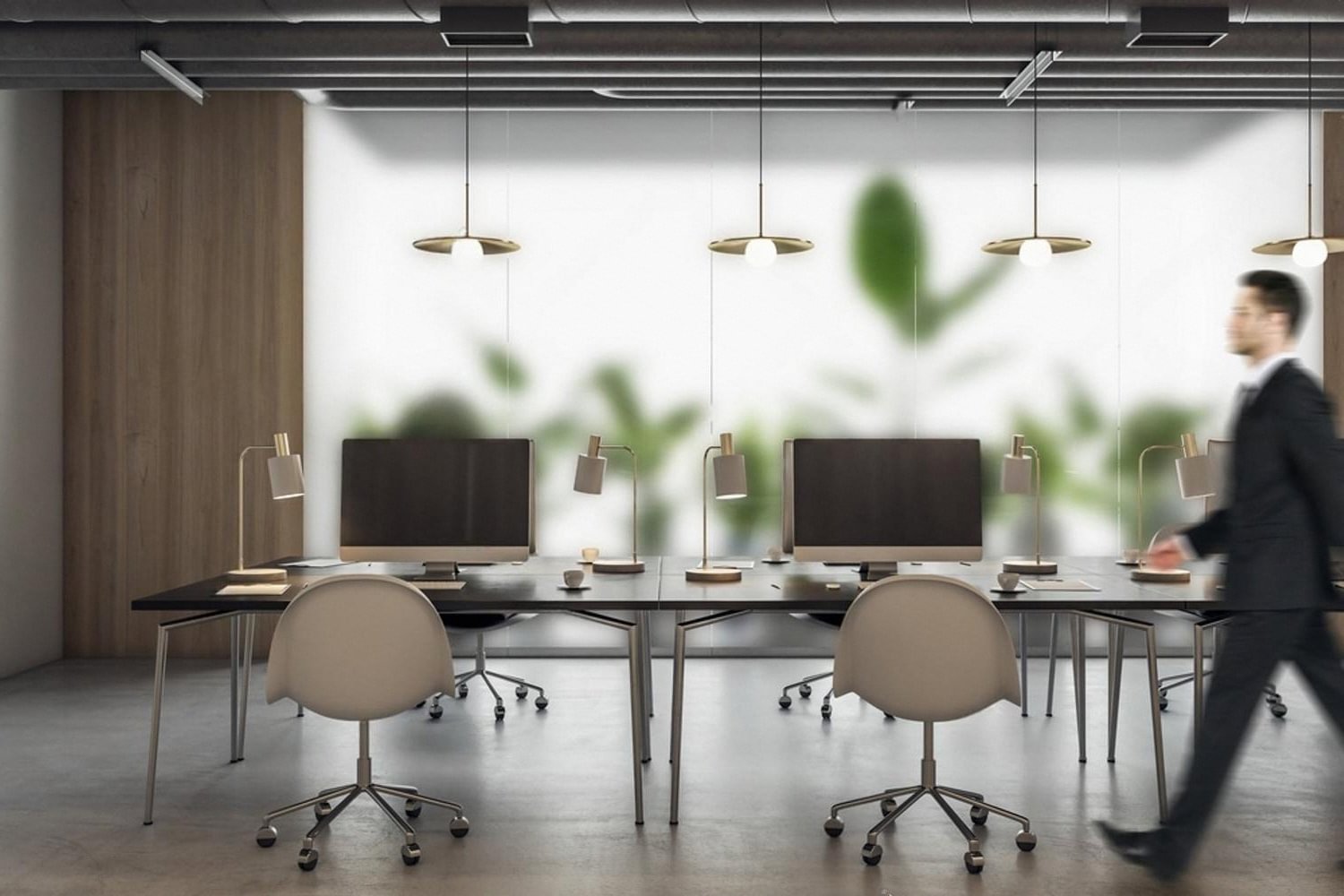 Modern Dubai office fitted with rented desks, chairs and lighting